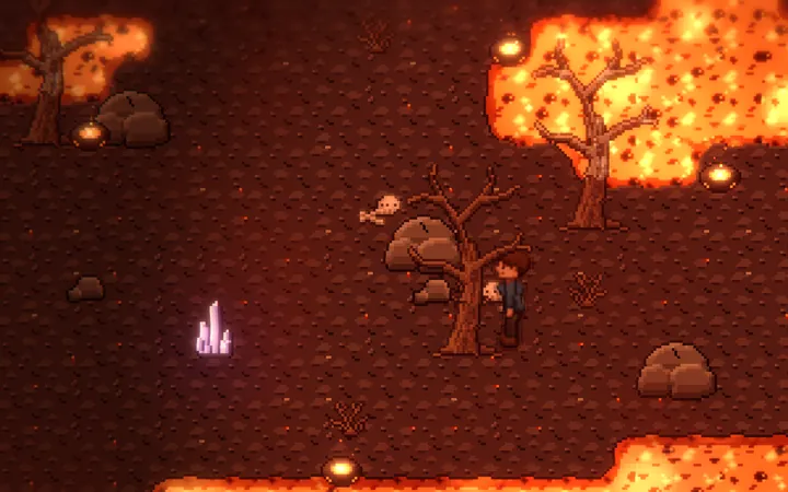 Lava flows and dead trees in the Ashlands, with a hill giant
