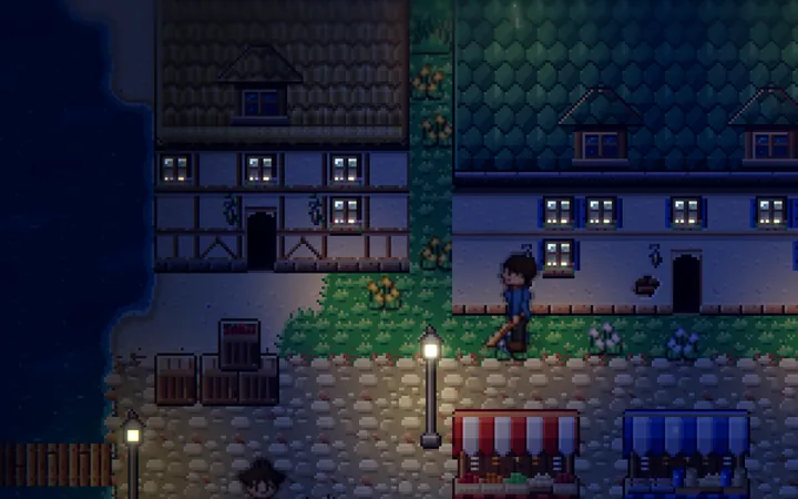 Draymoor market stalls by lamplight beside the sea