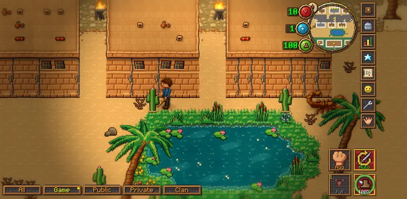 A palm-fringed oasis with lily pads beside sandstone houses in the desert town of Al Kharim, a scorpion nearby