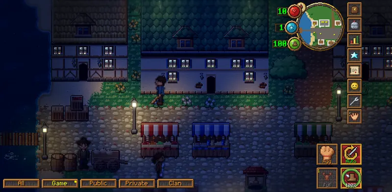 Draymoor's market square at night, striped stalls lit by lamp posts beside a dark sea and the fishing pier