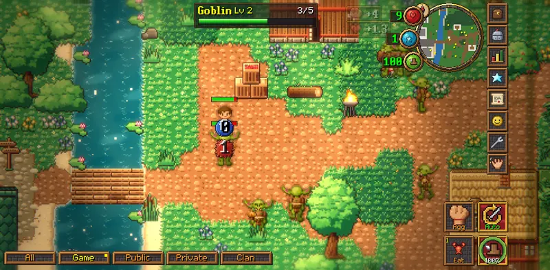 A player fighting a level 2 goblin by the river, with the target health bar, hitsplats and experience drops on screen