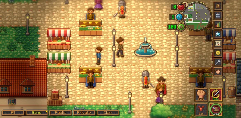 The Grand Bazaar plaza in Varrow with clerks at their desks, market stalls, guards and a fountain