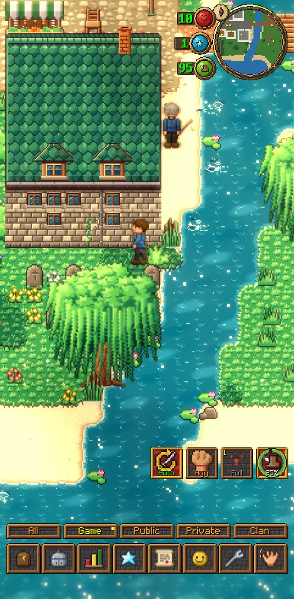 Hearthvale in portrait mode: a riverside church in Lumbrook with the HUD along the bottom of the screen
